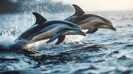 Obraz premium Dynamic capture of dolphins breaking through the water's surface, splashing and racing alongside each other in the open sea, showing natural harmony