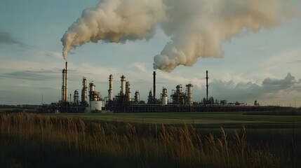 Obraz premium A large industrial plant with a lot of smoke coming out of it. The smoke is thick and dark, and it seems to be coming from the top of the plant. The sky is cloudy, and the sun is setting