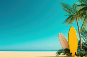 vibrant summer scene featuring palm trees and surfboards on sandy beach, evoking sense of relaxation and adventure. clear blue sky enhances tropical atmosphere