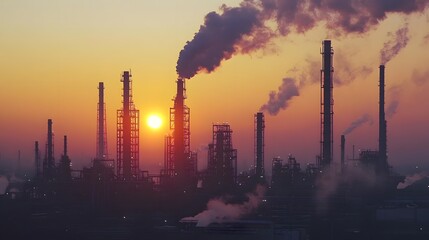 A large industrial plant with a large stack of smoke coming out of it. The sky is orange and the sun is setting