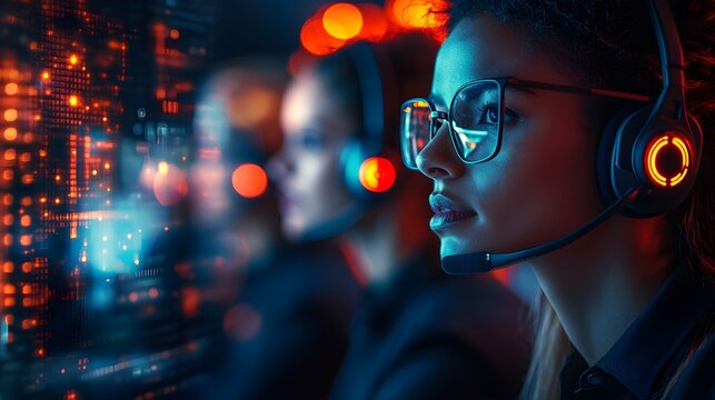 Futuristic call center team in a dynamic work environment, bold colors and abstract city lights in the background, representatives with headsets and tech panels