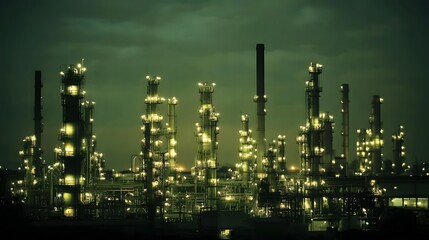 A city skyline with many tall buildings and a lot of lights. The lights are on and the sky is dark