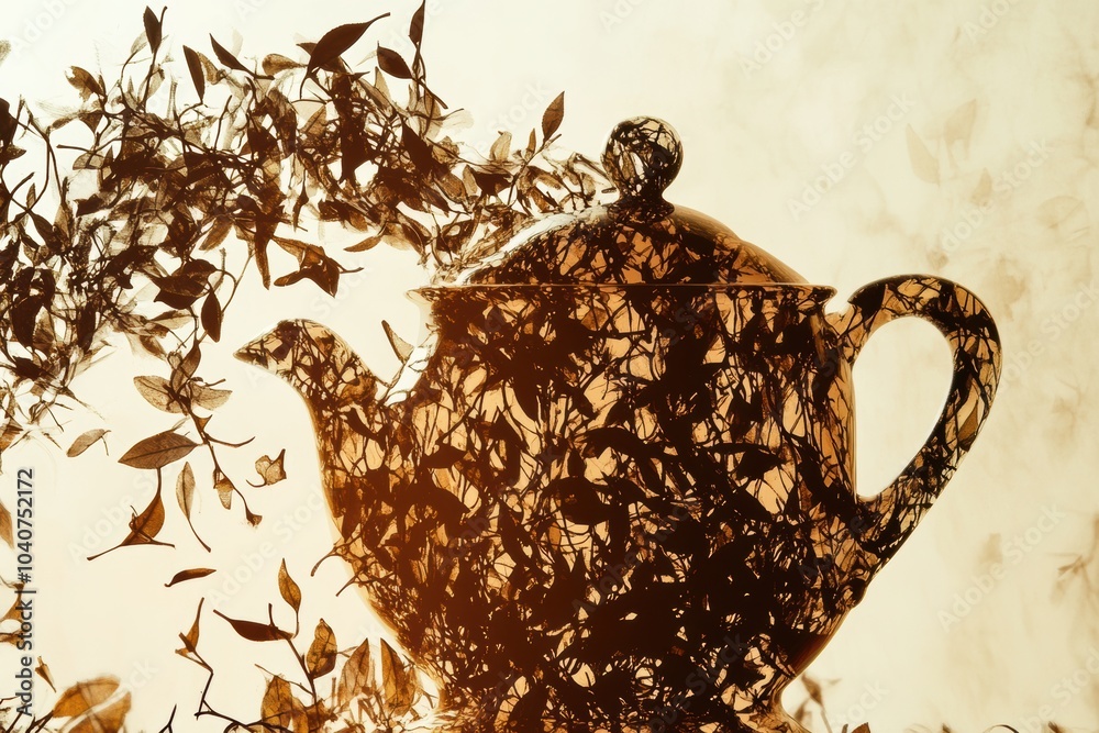 Poster A teapot silhouette creatively transitions into swirling tea leaves, showcasing a blend of form and nature in an artistic representation. Generative AI