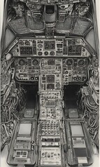 19th century naturalist style etching of the intricate cockpit of a space shuttle