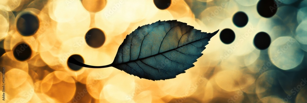Poster a tea leaf's silhouette stands out against a vibrant bokeh backdrop, showcasing its unique shape and