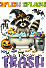 Adorable raccoon in a witch hat enjoys a bubble bath with a rubber duck. Surrounded by candy and pumpkins, it brings Halloween magic. Spooky bats add to the playful Halloween vibe!