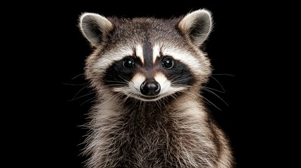 Close-up portrait of a curious raccoon with black background.