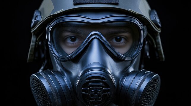 Close-up portrait of a man wearing a gas mask and helmet against a black background.
