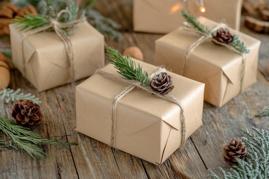 Eco-friendly handmade gift packaging idea for Christmas on a wooden table with natural decorations