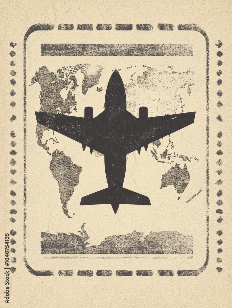 Aufkleber a silhouette of a passport stamp features an airplane against a soft world map background, symbolizi