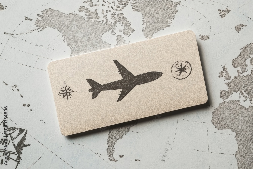 Poster a subtle world map forms the backdrop for a passport stamp silhouette and airplane, symbolizing adve