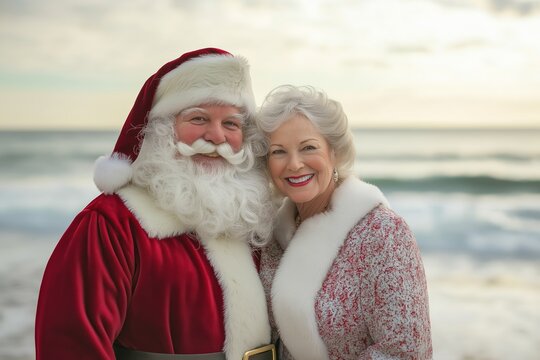 Santa Claus and Mrs. Claus enjoy a sunny beach day together, smiling warmly against a serene ocean backdrop