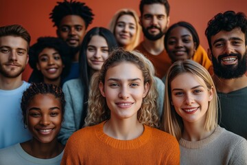 Diverse group of individuals smiling together under warm lighting, showcasing unity and friendship in a vibrant setting