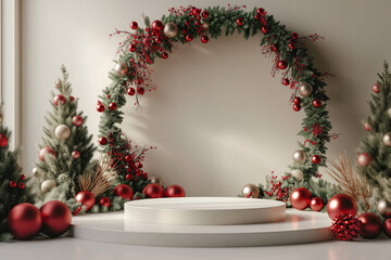 A white pedestal with a red and gold wreath of Christmas trees surrounding it
