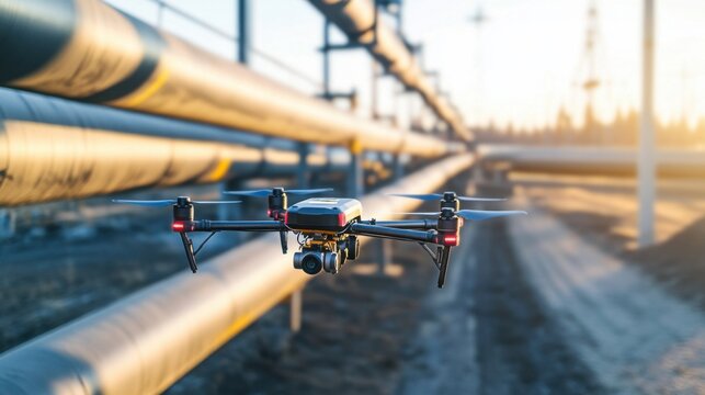 A futuristic AI-driven autonomous drone for precision pipeline inspections, clean industrial setting with drones designed for detailed inspections and maintenance of pipelines