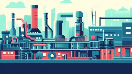 Obraz premium A colorful industrial landscape with various factories and pipes.