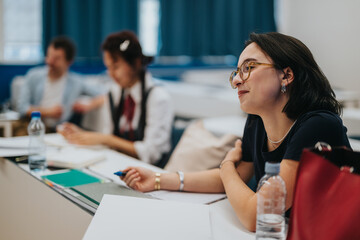 A group of university students attentively listening during a classroom lecture. The image captures an academic setting with focus and engagement among the diverse student group.