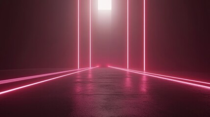Fototapeta premium A futuristic corridor illuminated by pink neon lights leading to a bright square.