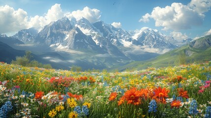 Mountainous Meadow with Blooming Flowers