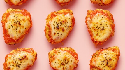 Flat lay of baked chicken parmesan bites on pink background.