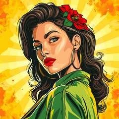 Naklejka premium A woman with a red flower in her hair is the main subject of the image. The woman is wearing a green jacket and has a red lipstick on. The image has a bright and cheerful mood