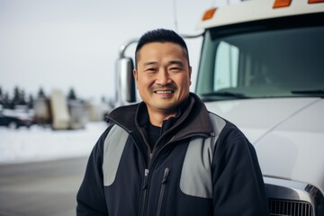 Portrait of a middle aged male truck driver in front of truck during winter