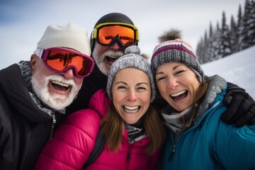 Group portrait of senior friends enjoying a day skiing in the mountains