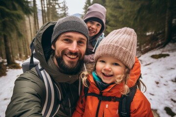 Family winter hiking adventure smiling in the snow