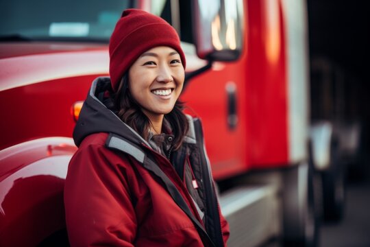 Portrait of a female truck driver in front of a truck while snowing
