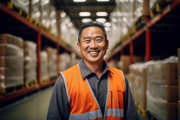 Portrait of a joyful middle aged Asian male warehouse worker