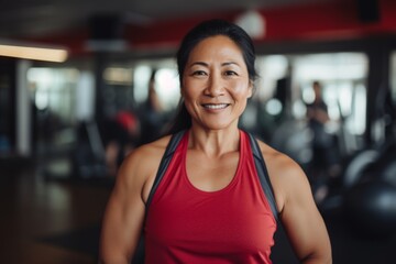 Fototapeta premium Smiling portrait of a slightly overweight middle aged woman in gym