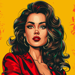 Fototapeta premium A woman with long red hair and red lipstick is the main focus of the image. The woman is wearing a red jacket and is standing in front of a yellow background. The image has a bold