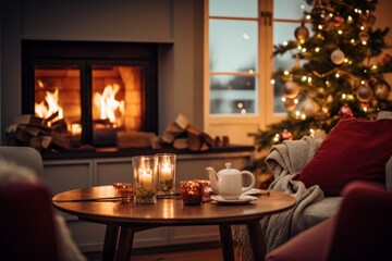 Fototapeta premium Interior of a cozy living room decorated for Christmas holidays