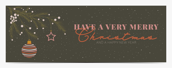 Christmas greetings banner with green pine branch, holly berries and colorful ornaments on dark gray background, vector illustration © mimi