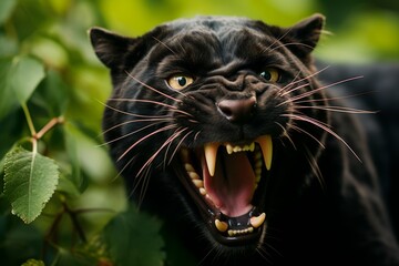 A powerful black panther with piercing yellow eyes and sharp, glistening teeth, confidently poised against a backdrop of lush green foliage in the heart of the jungle.