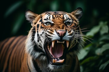 Fototapeta premium Fierce tiger with open mouth and sharp teeth against a lush green jungle backdrop. Orange and black fur, white stripes. Powerful image of majesty in the wild.