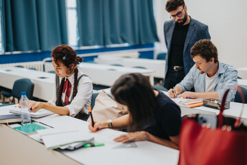 A group of high school students focus on their studies in a classroom. They are seated at desks with notebooks while a teacher provides guidance. The environment promotes concentration and learning.