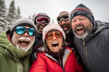 Group portrait of senior friends enjoying a day skiing in the mountains