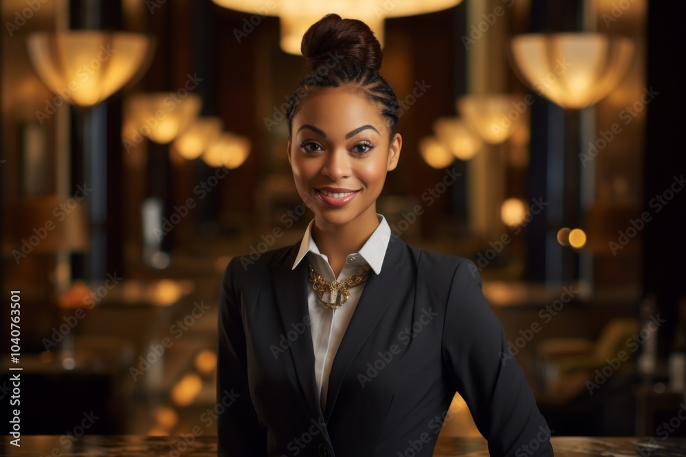 Wall mural portrait of a smiling young female african american hotel receptionist