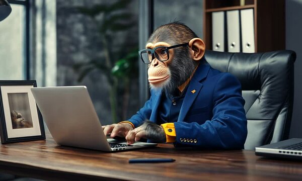 Cool monkey dressed up in stylish suit typing on the laptop in modern office setting animation