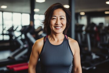 Fototapeta premium Smiling portrait of a slightly overweight middle aged woman in gym