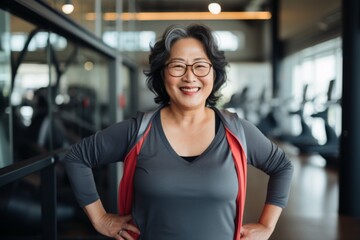 Fototapeta premium Smiling portrait of a slightly overweight middle aged woman in gym