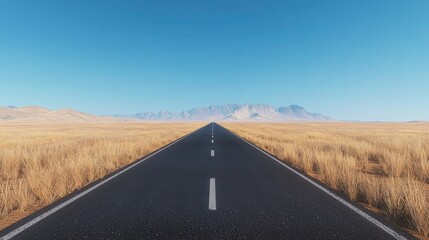 A long, straight road stretches through a dry, golden landscape under a clear blue sky, leading toward distant mountains.