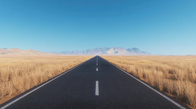 A long, straight road stretches through a dry, golden landscape under a clear blue sky, leading toward distant mountains.
