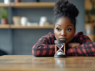 African american black woman worried on a table with an hourglass on it