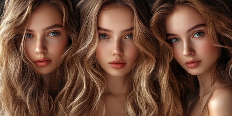 Three young women with long wavy hair showcasing beauty and fashion in an elegant indoor setting during daylight