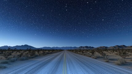 Fototapeta premium A vast gravel road stretches into a starry night sky, framed by distant mountains and desert terrain, creating a serene and expansive atmosphere.