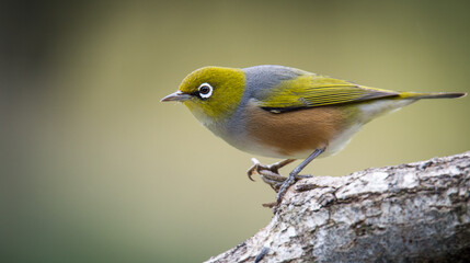 Silvereye or wax eye perched on branch isolated against out of focus background