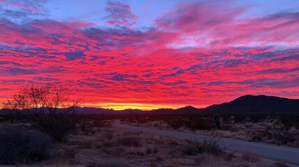 Obraz premium A stunning sunset over a desert landscape, showcasing vibrant red and purple clouds against a backdrop of hills.