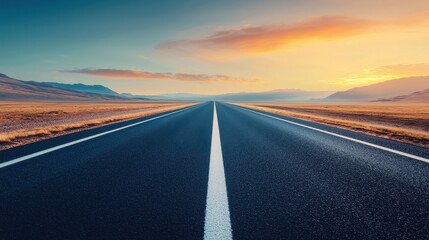 Naklejka premium A breathtaking landscape showcasing a long, straight road stretching into the horizon under a colorful sunset sky.